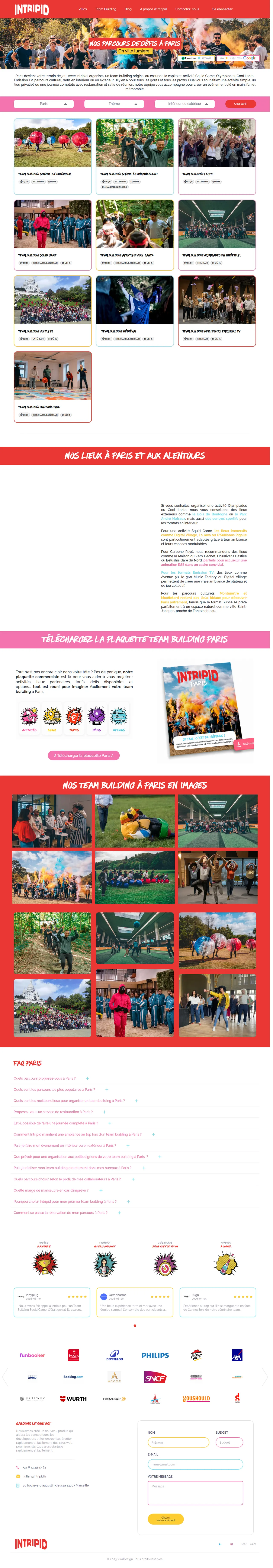 Capture de la page team building Paris du site intripid.fun, en entier : bandeau rouge Intripid, photo de groupe sous les fumigènes de couleur, avis Tripadvisor et Google, filtres Paris, thème, intérieur ou extérieur, puis les parcours, les avis et le pied de page