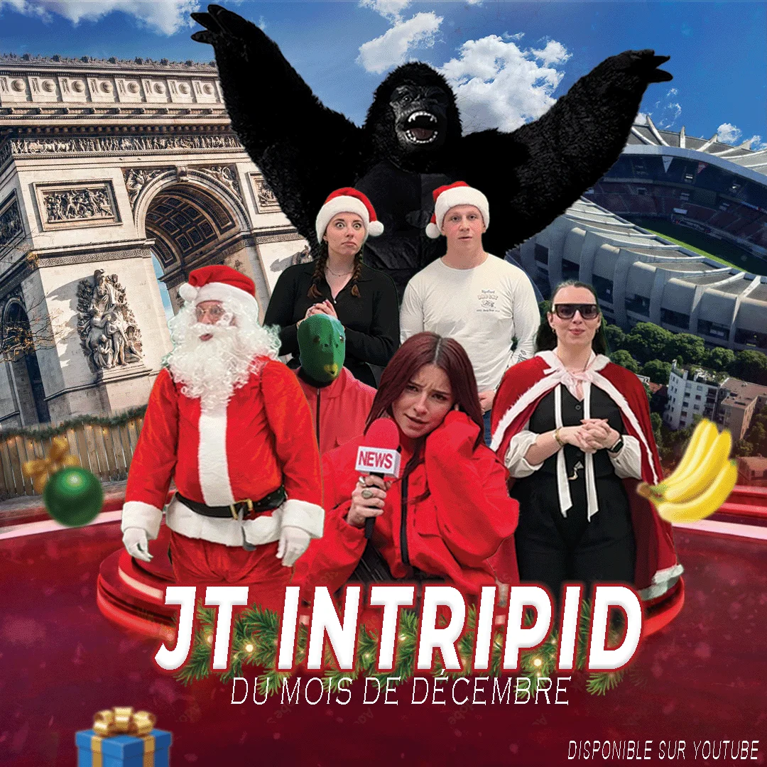 Affiche du JT Intripid du mois de décembre : l'équipe déguisée devant l'Arc de Triomphe et le Parc des Princes