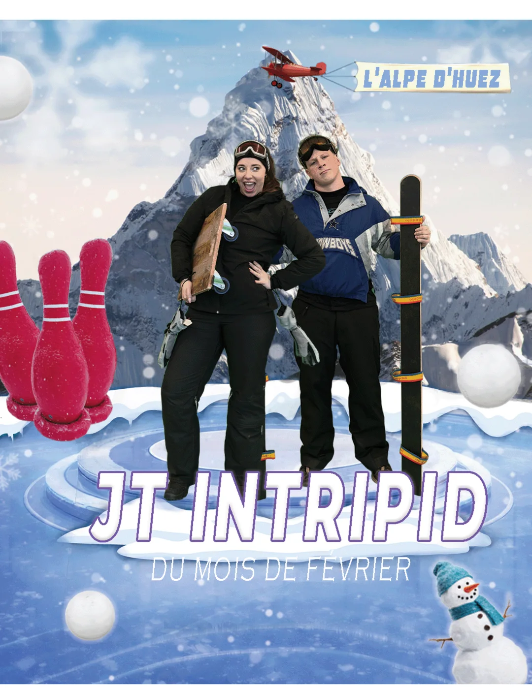 Affiche du JT Intripid du mois de février : l'équipe en tenue de ski devant une montagne enneigée, l'Alpe d'Huez