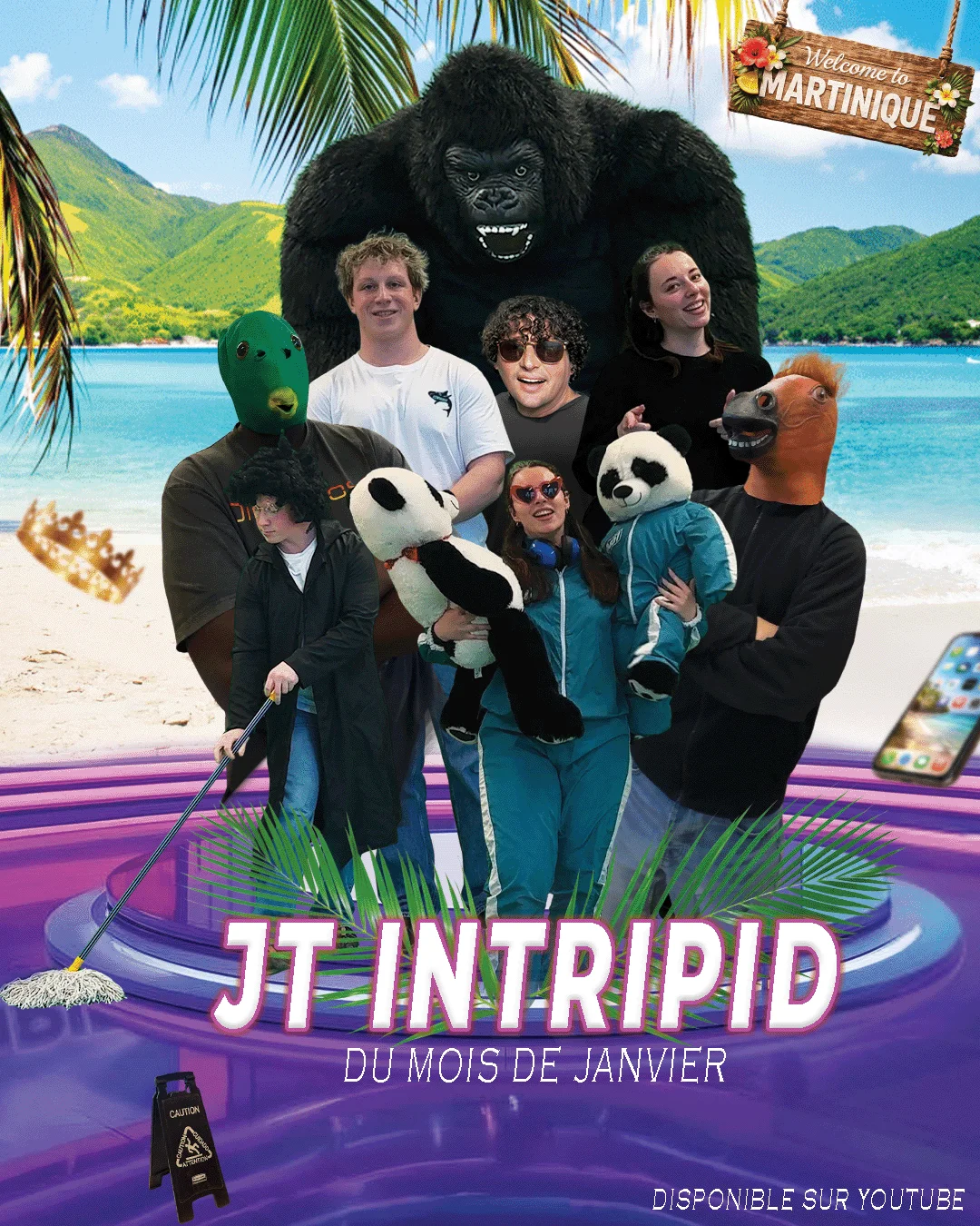 Affiche du JT Intripid du mois de janvier : l'équipe déguisée sur une plage de Martinique